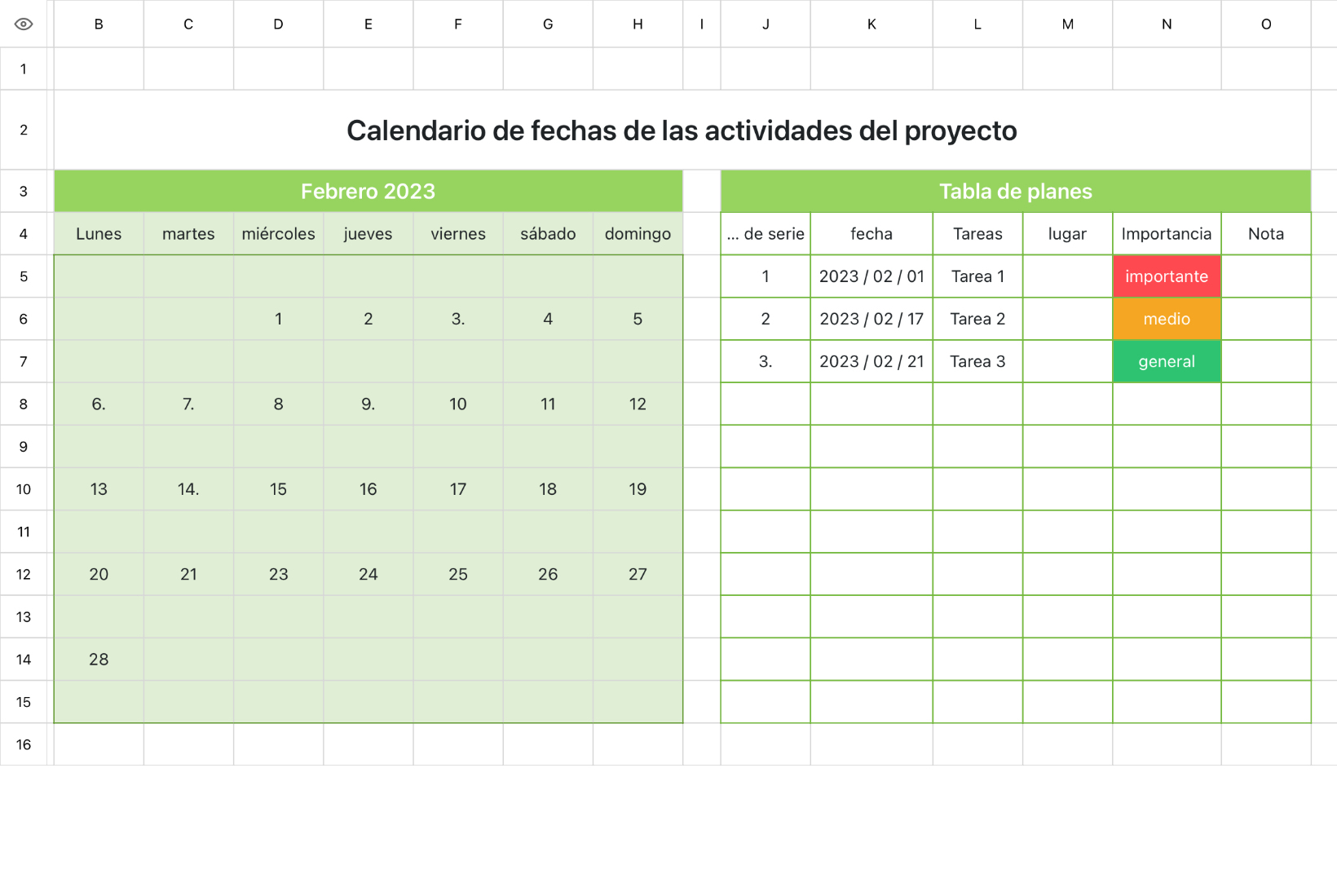 Calendario de fechas de las actividades del proyecto